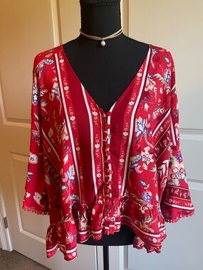 Jaase Red Floral Button-Front Women’s Boho Blouse Size Medium